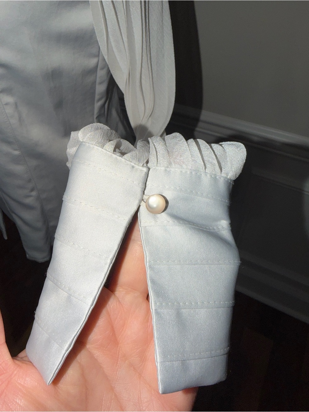 Vintage Dittos Gray Silver Ruffle-Neck Button Front Blouse - Picture 4 of 13